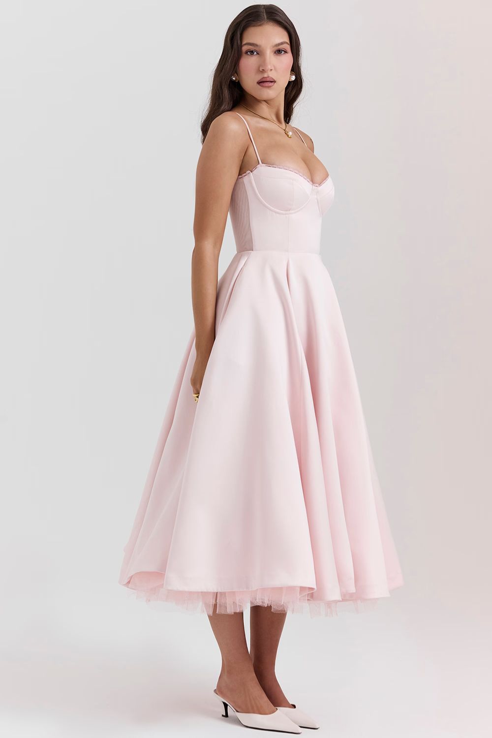 Soft Pink Satin Corset Midi Dress Women UK – Formal Occasion, Wedding Guest