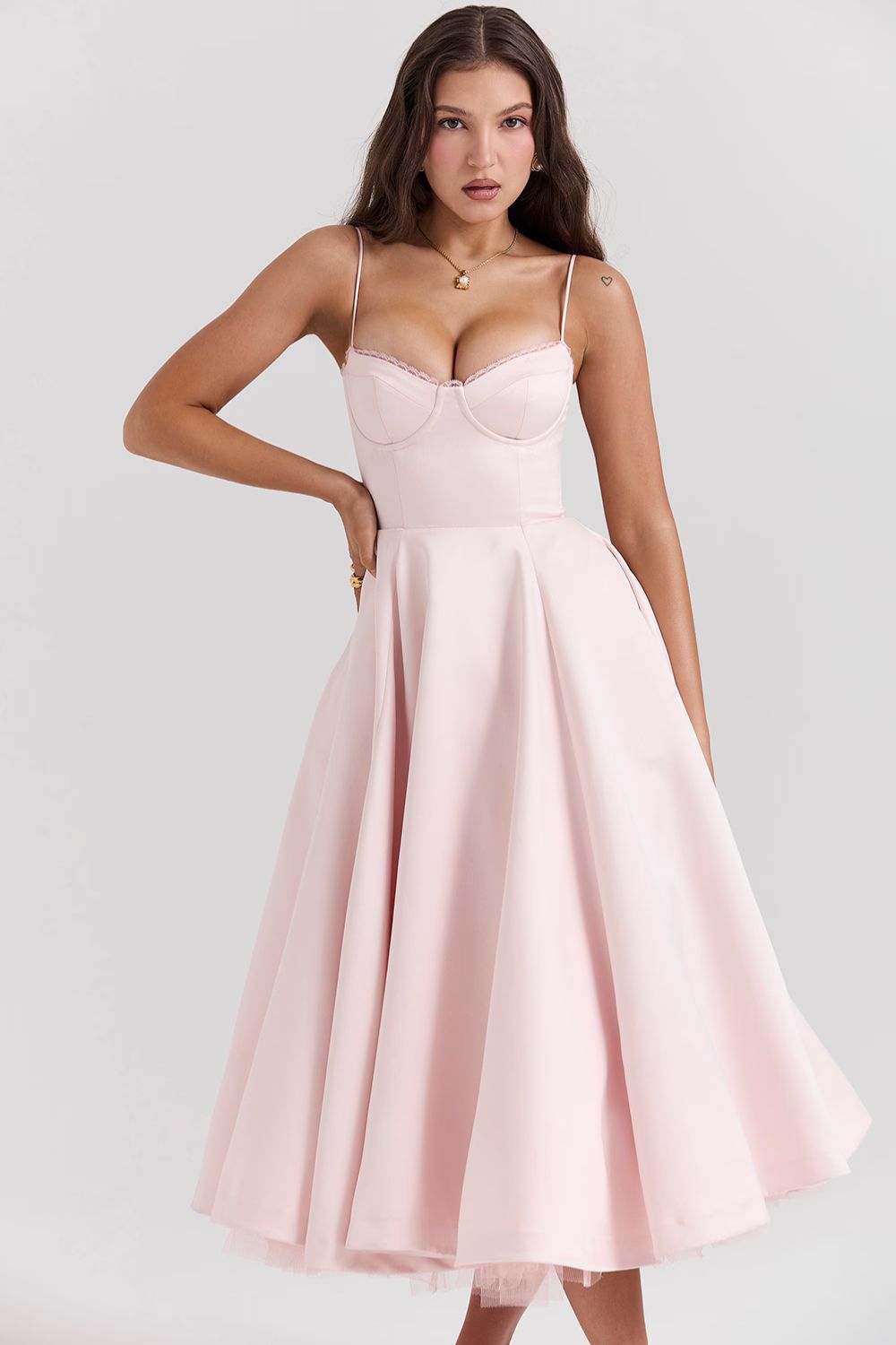 Soft Pink Satin Corset Midi Dress Women UK – Formal Occasion, Wedding Guest