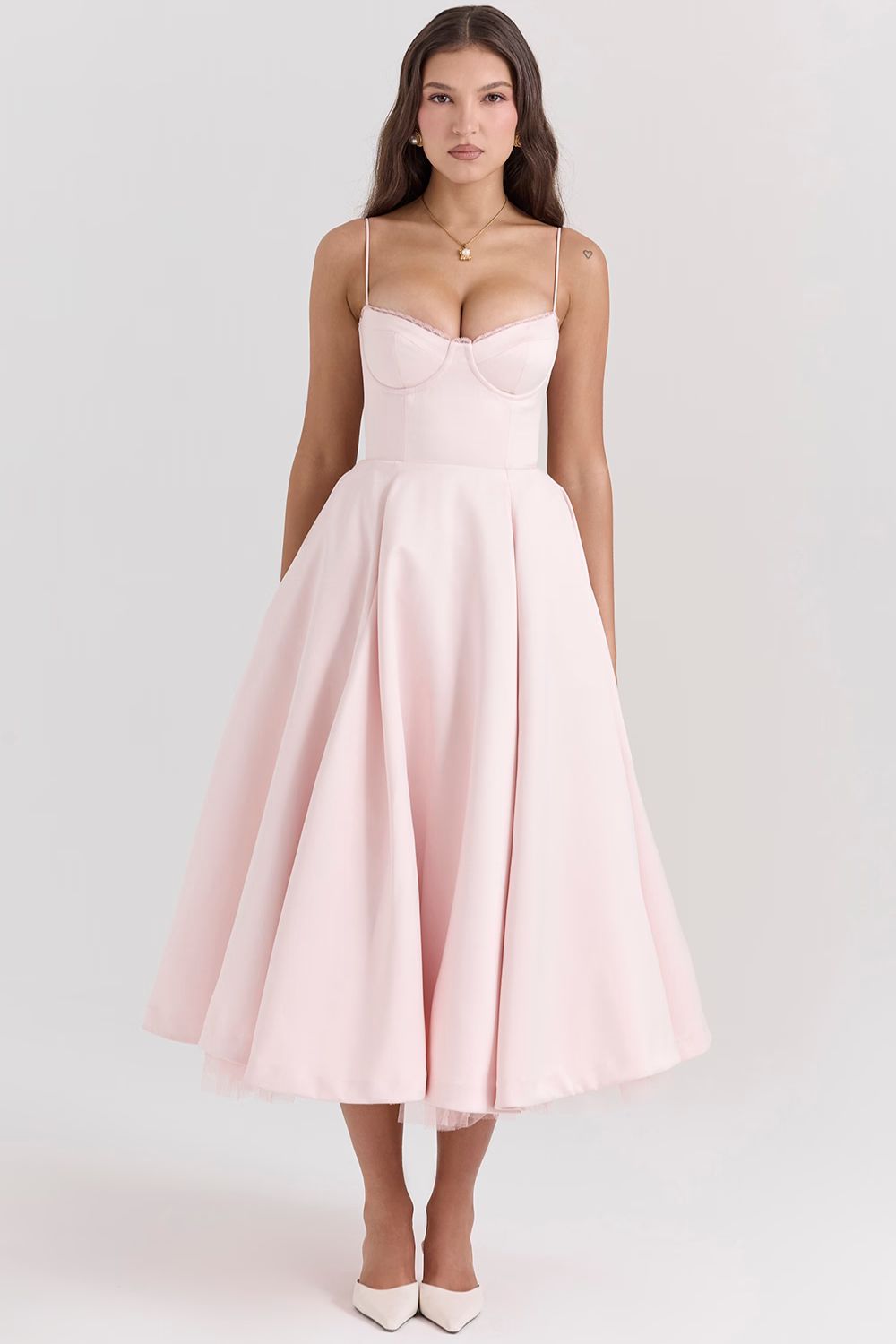 Soft Pink Satin Corset Midi Dress Women UK – Formal Occasion, Wedding Guest