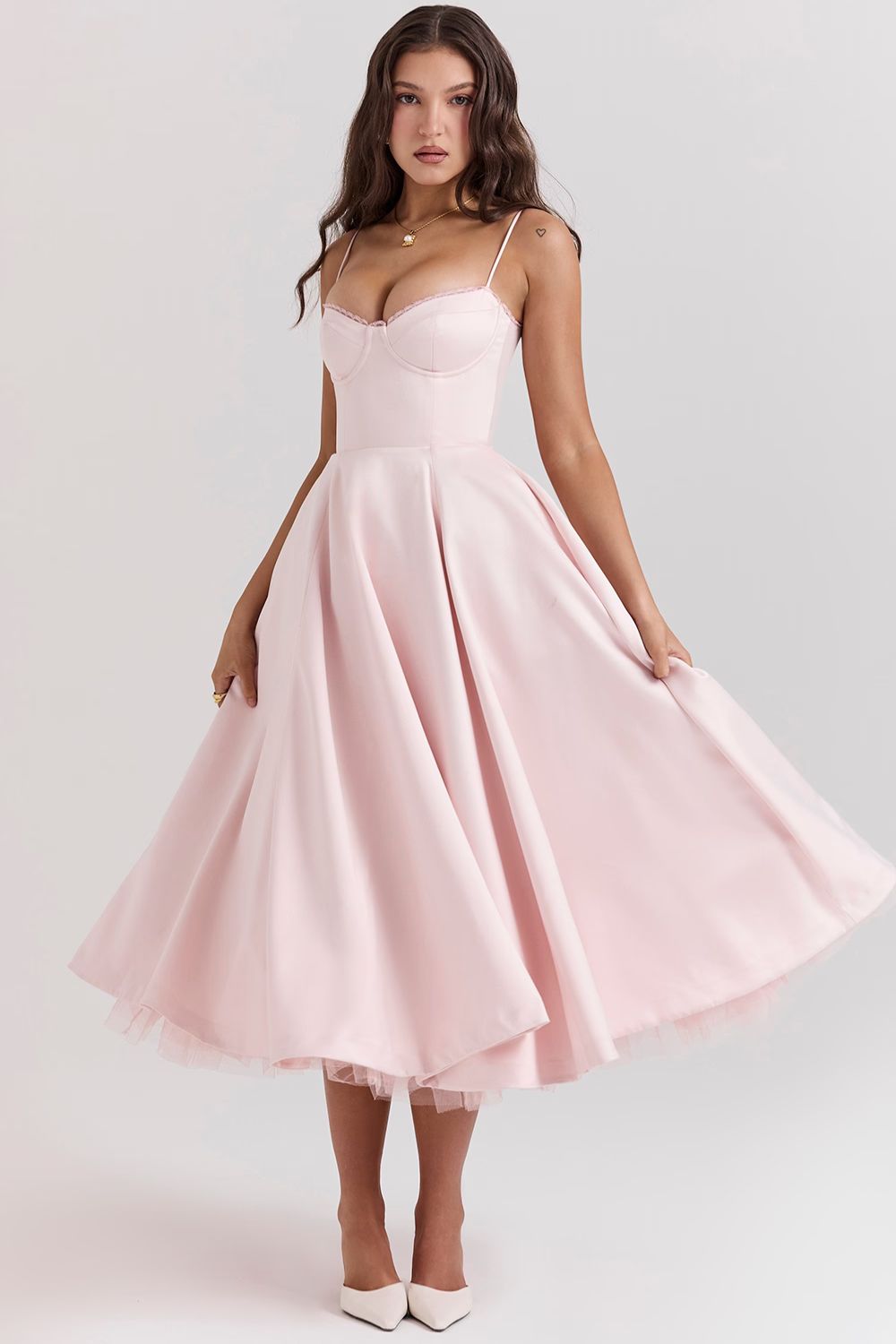 Soft Pink Satin Corset Midi Dress Women UK – Formal Occasion, Wedding Guest