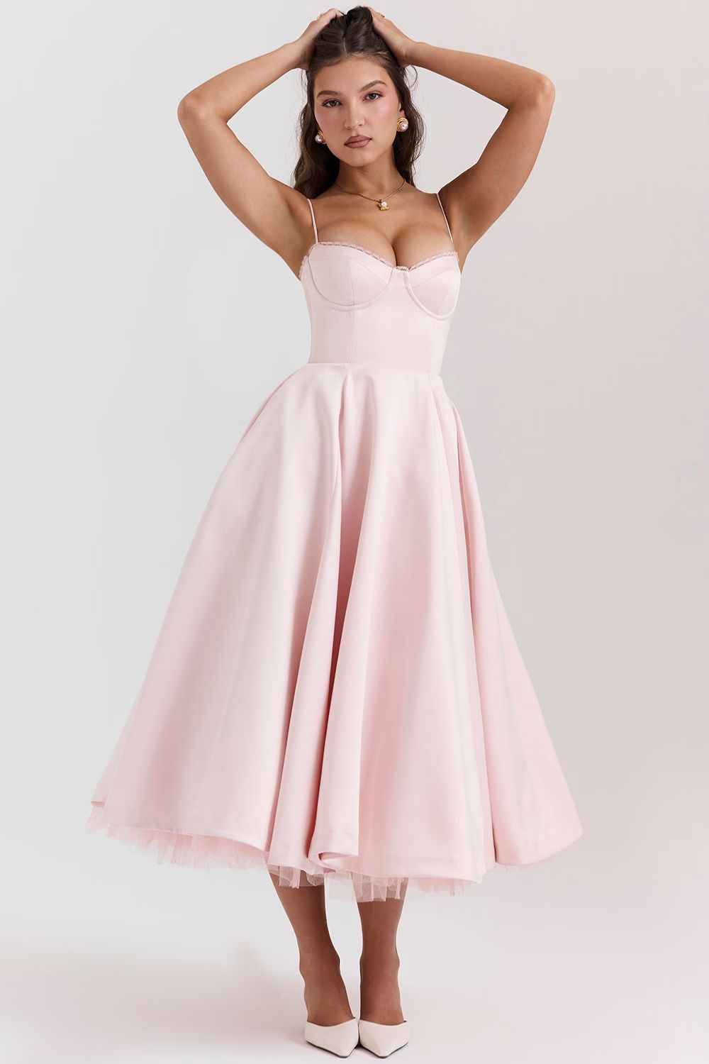 Soft Pink Satin Corset Midi Dress Women UK – Formal Occasion, Wedding Guest