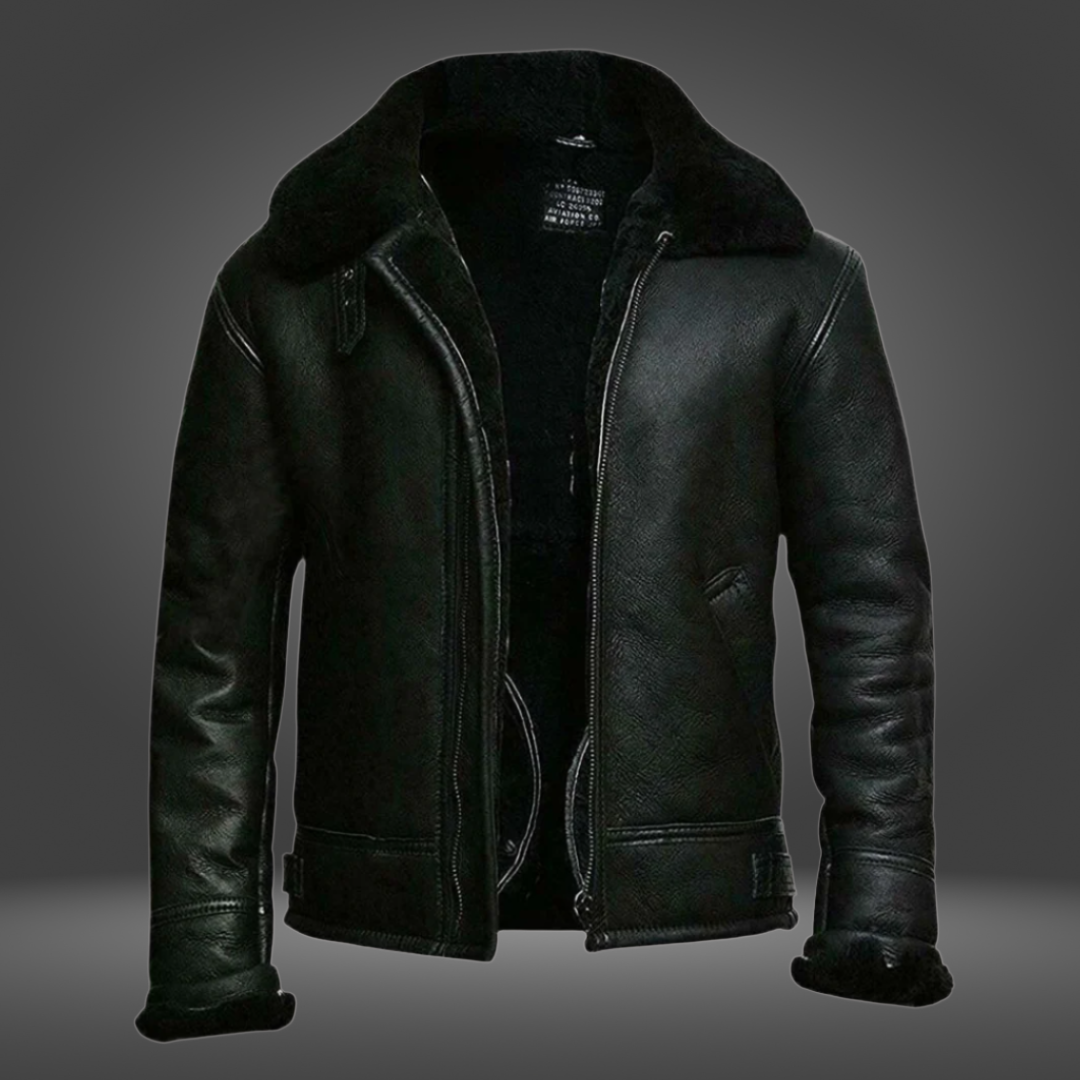 Pilot Jacket in Black Leather with Faux Fur Collar – Casual Wear, Outdoor Activities