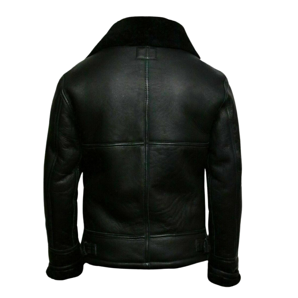 Pilot Jacket in Black Leather with Faux Fur Collar – Casual Wear, Outdoor Activities
