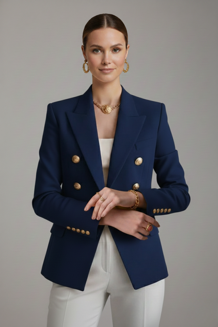 Women’s Double-Breasted Blazer with Gold-Tone Buttons – Office, Evening Wear