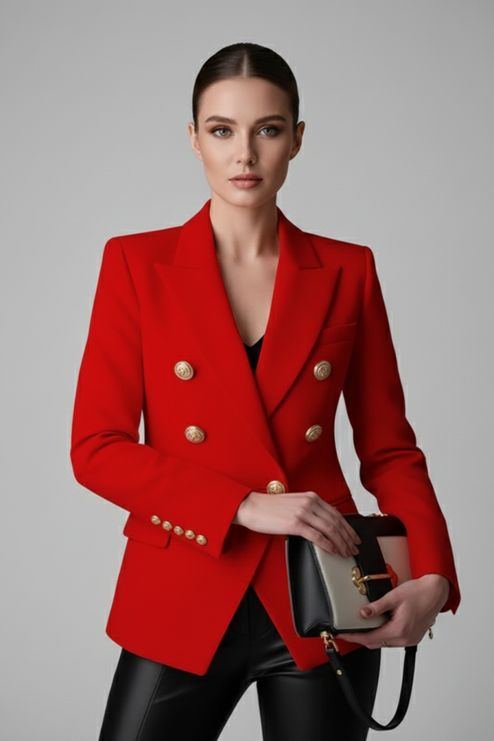 Women’s Double-Breasted Blazer with Gold-Tone Buttons – Office, Evening Wear
