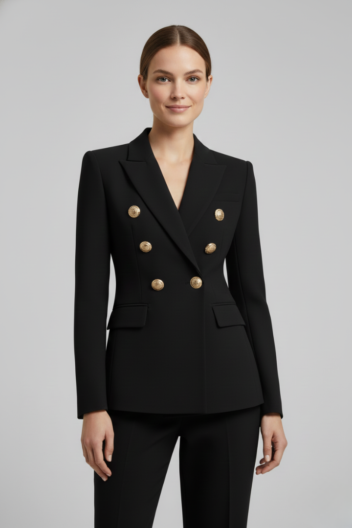 Women’s Double-Breasted Blazer with Gold-Tone Buttons – Office, Evening Wear