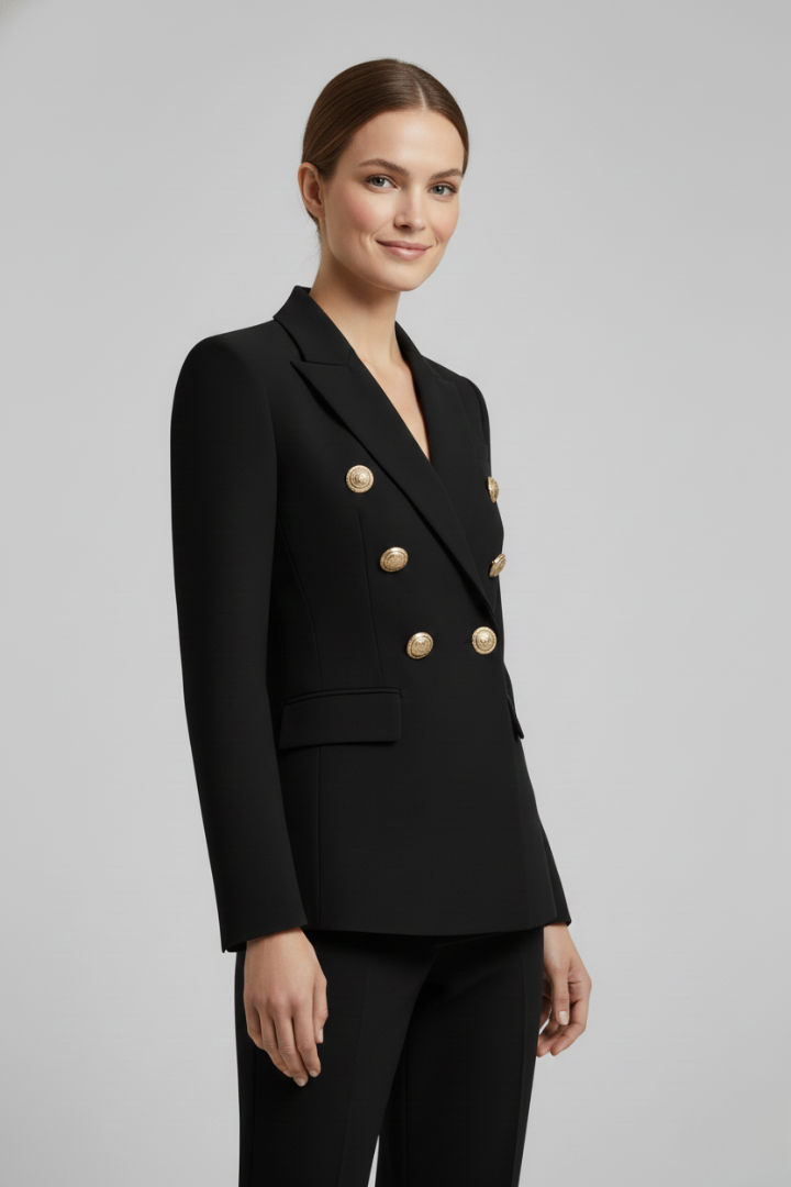Women’s Double-Breasted Blazer with Gold-Tone Buttons – Office, Evening Wear