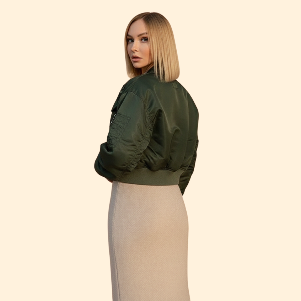 Cropped Bomber Jacket for Women in Olive Green – Casual Wear, Stylish Layering
