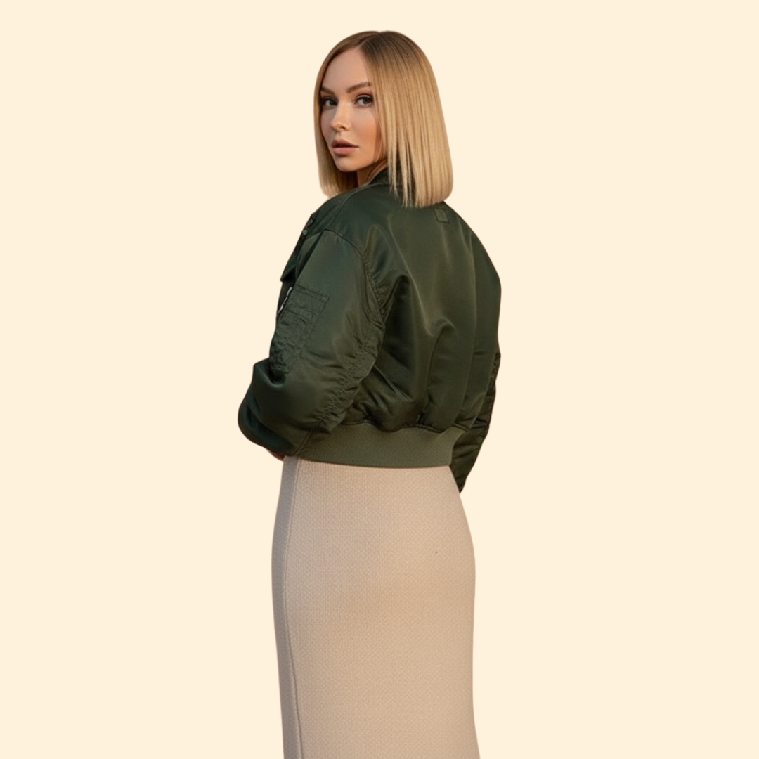 Cropped Bomber Jacket for Women in Olive Green – Casual Wear, Stylish Layering