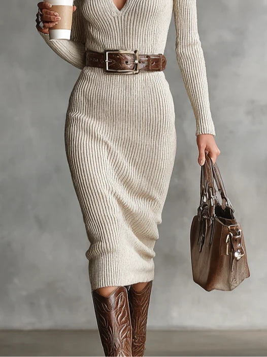 Knitted Dress with Mock Turtleneck – Casual Wear, Office Attire