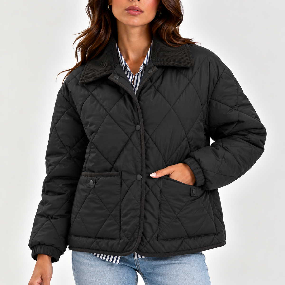 Women’s Quilted Puffer Jacket with Corduroy Collar – Long Sleeve Coat
