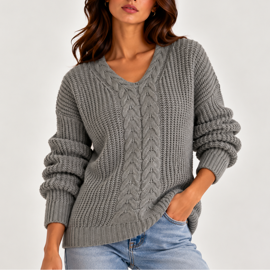 Women’s Cable Knit V-Neck Jumper – Long Sleeve, Casual, Everyday Wear
