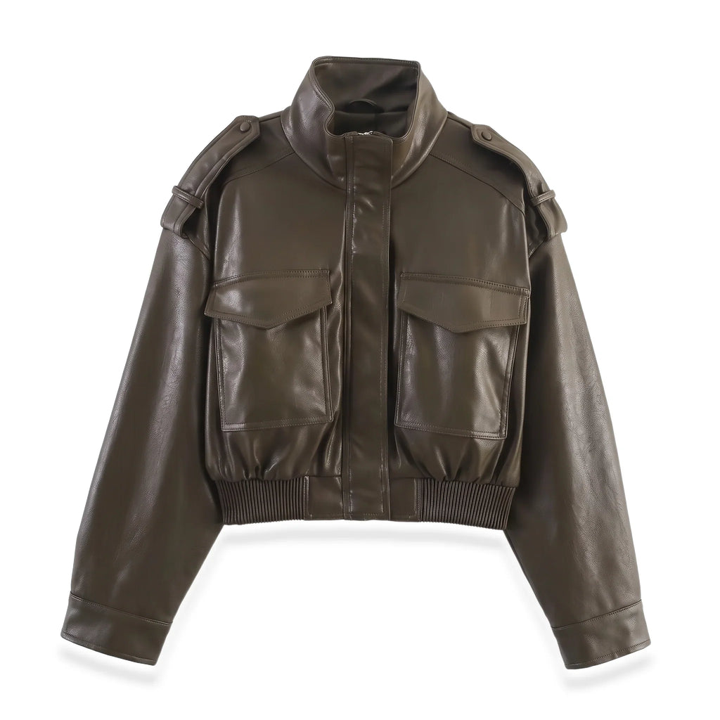 Women's Cropped Bomber Jacket – Faux Leather, Ribbed Cuffs – Casual, Stylish
