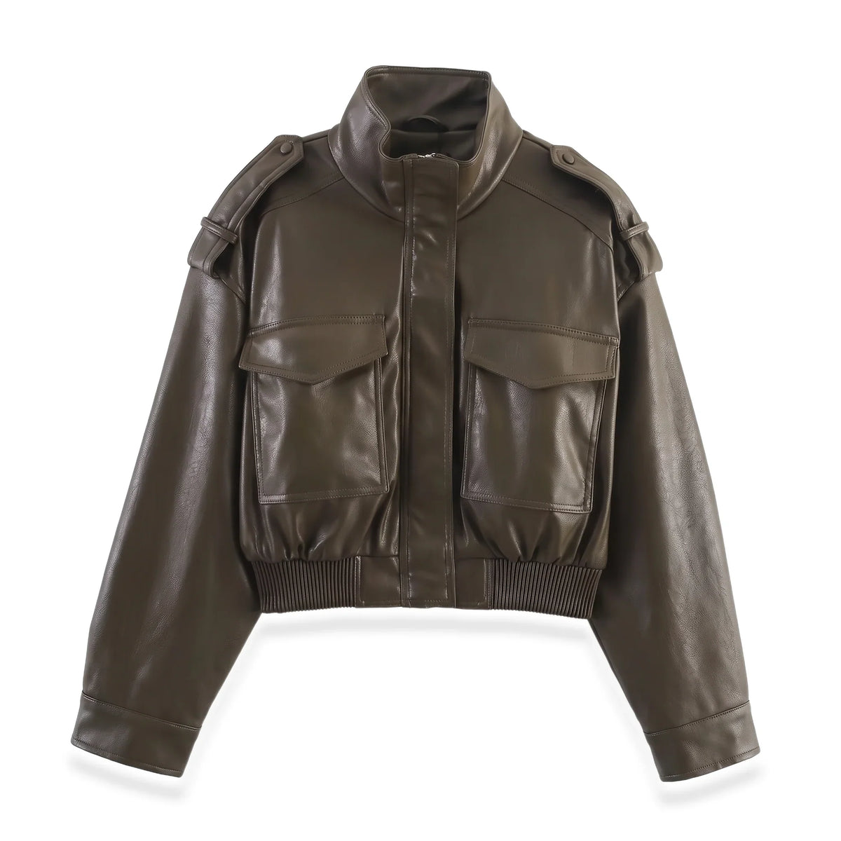 Women's Cropped Bomber Jacket – Faux Leather, Ribbed Cuffs – Casual, Stylish