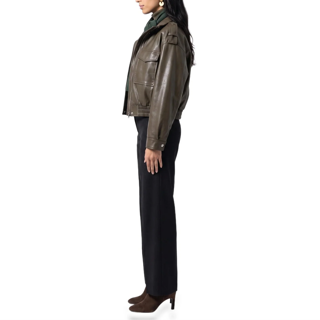 Women's Cropped Bomber Jacket – Faux Leather, Ribbed Cuffs – Casual, Stylish