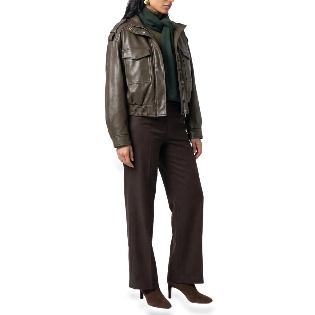 Women's Cropped Bomber Jacket – Faux Leather, Ribbed Cuffs – Casual, Stylish