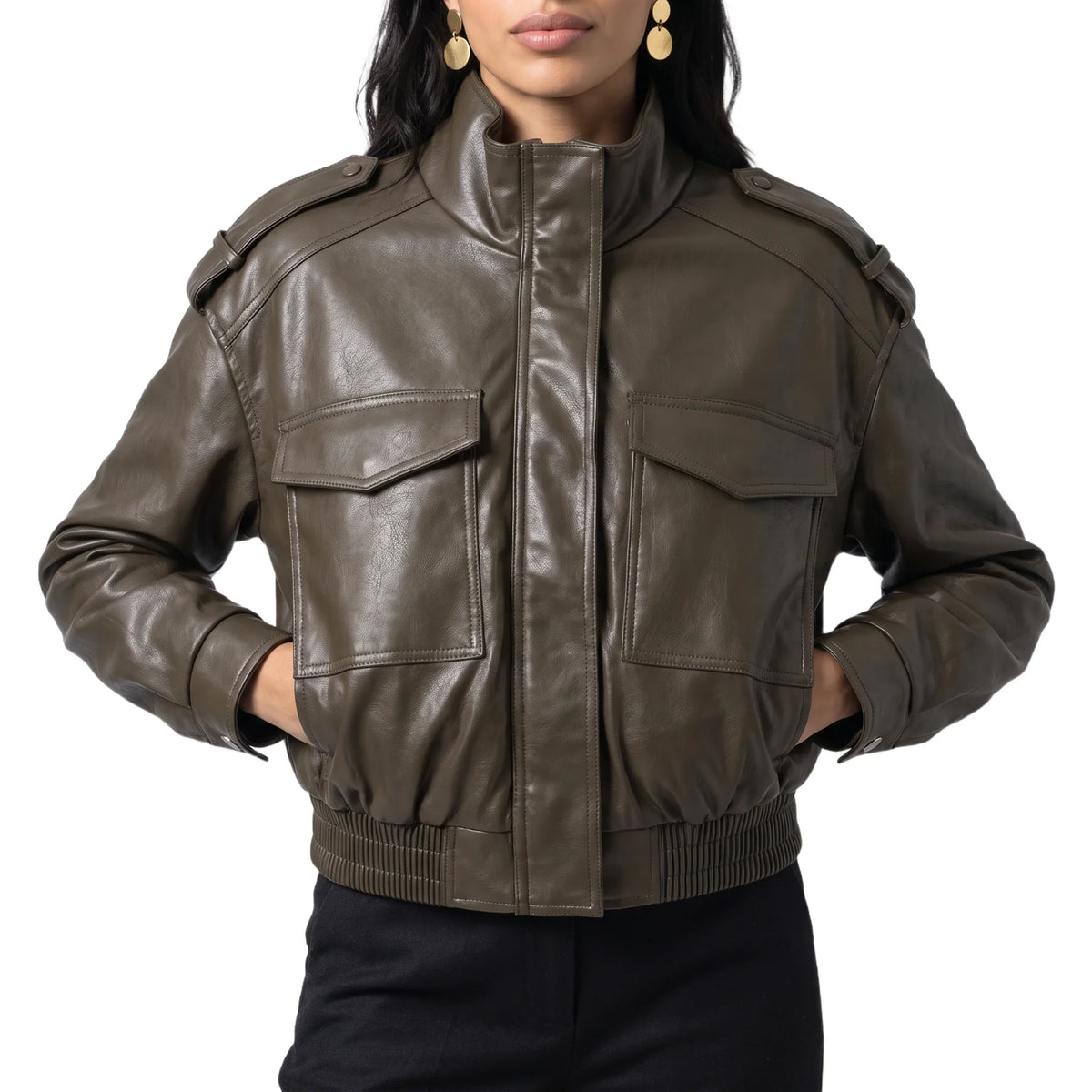 Women's Cropped Bomber Jacket – Faux Leather, Ribbed Cuffs – Casual, Stylish