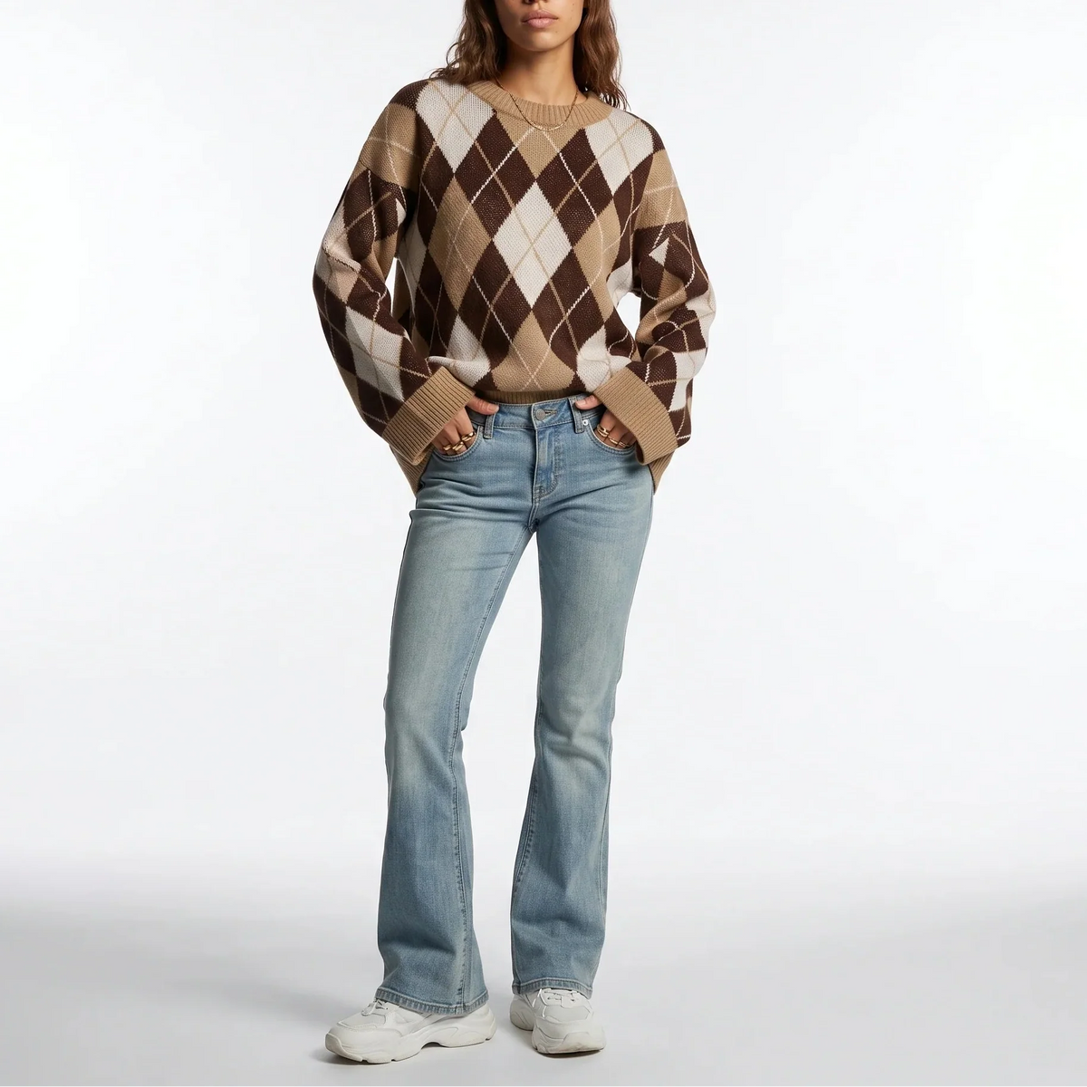 Women's Diamond Pattern Knit Jumper – Round Neck, Long Sleeve – Casual, Everyday Wear