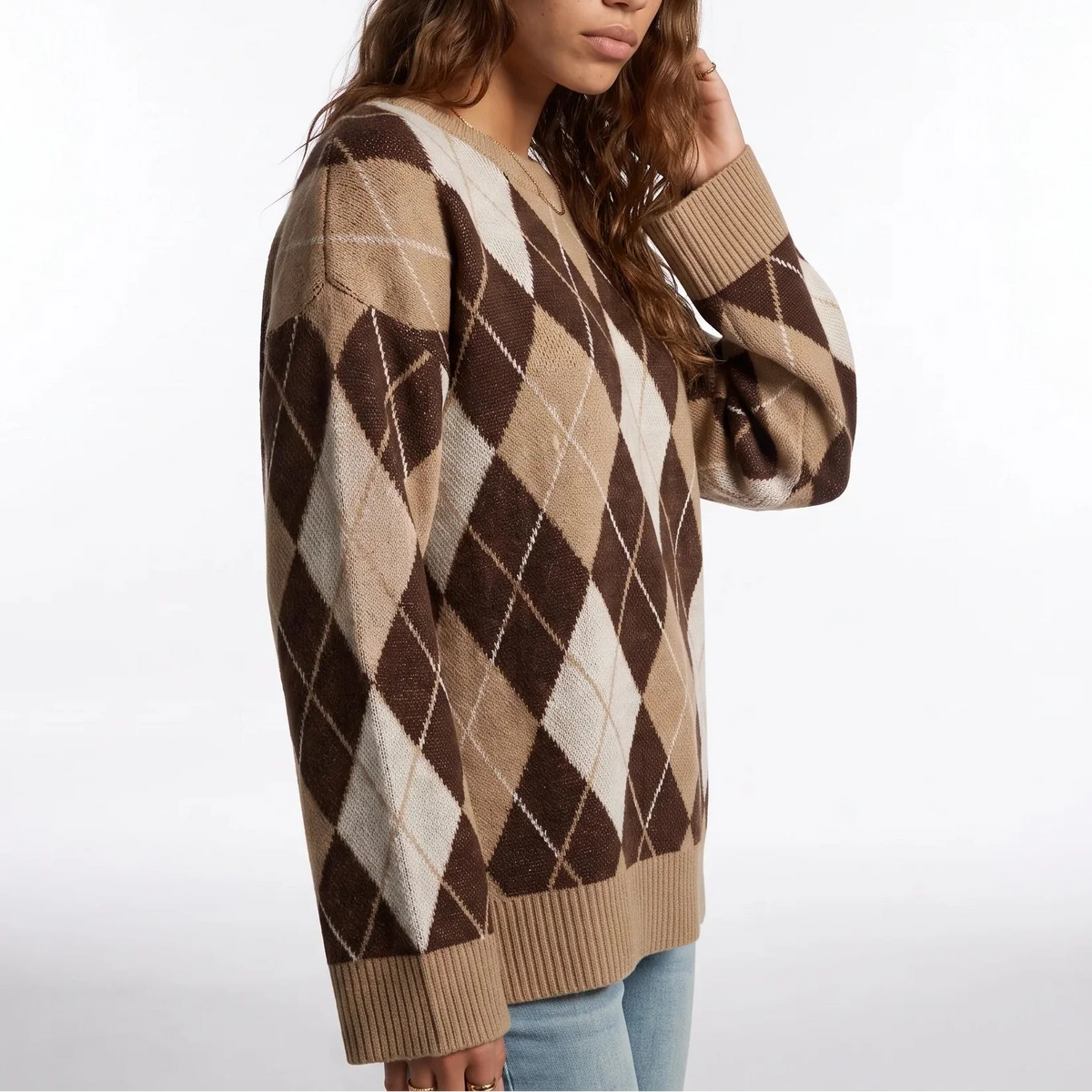 Women's Diamond Pattern Knit Jumper – Round Neck, Long Sleeve – Casual, Everyday Wear
