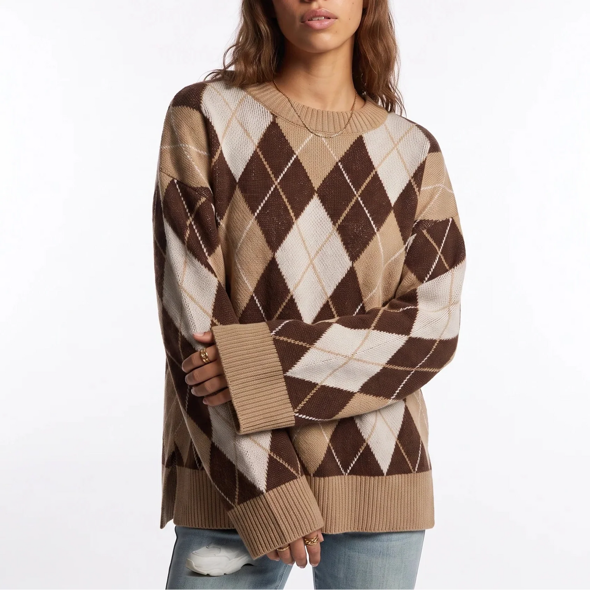 Women's Diamond Pattern Knit Jumper – Round Neck, Long Sleeve – Casual, Everyday Wear