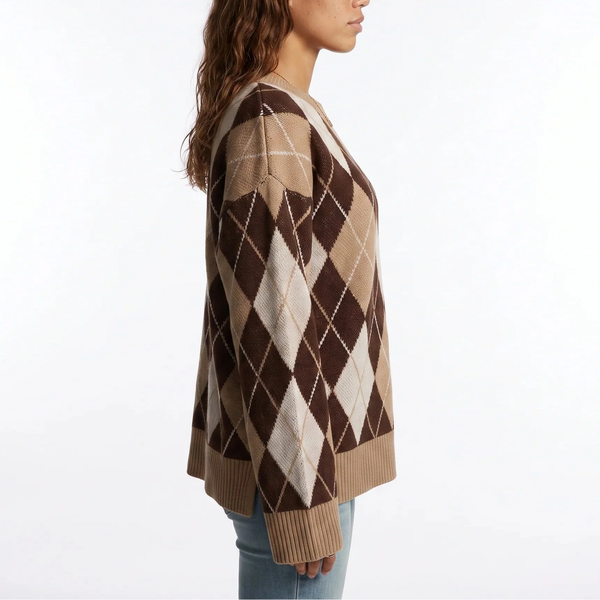 Women's Diamond Pattern Knit Jumper – Round Neck, Long Sleeve – Casual, Everyday Wear