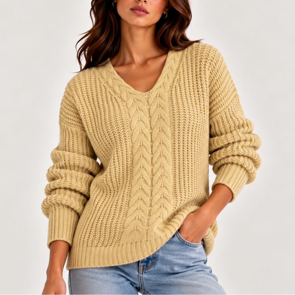 Women’s Cable Knit V-Neck Jumper – Long Sleeve, Casual, Everyday Wear