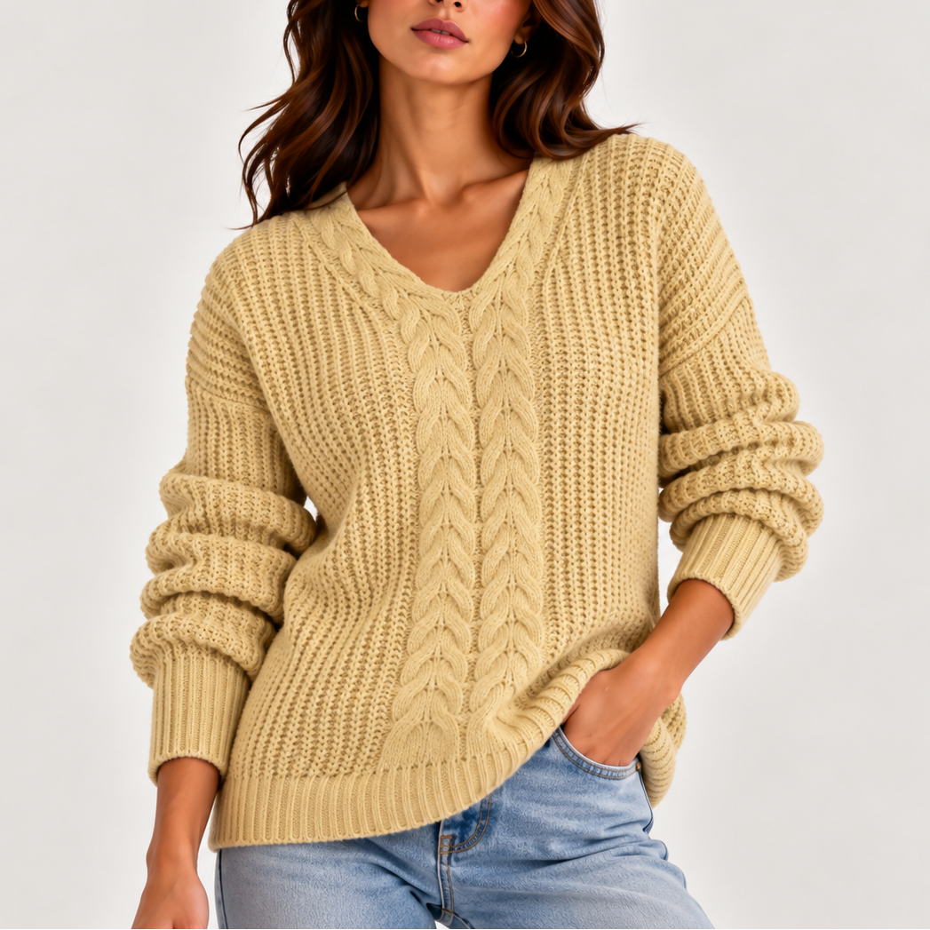 Women’s Cable Knit V-Neck Jumper – Long Sleeve, Casual, Everyday Wear
