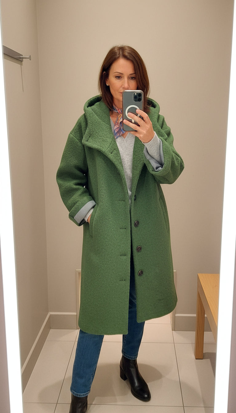 Elegant Green Coat with Hood – Casual Wear, Everyday Style