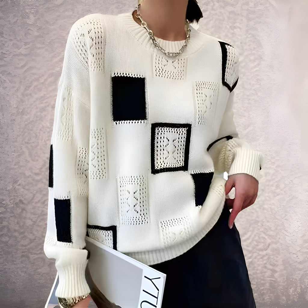 Chunky Knitted Jumper in Cream and Black – Casual Wear, Office Style