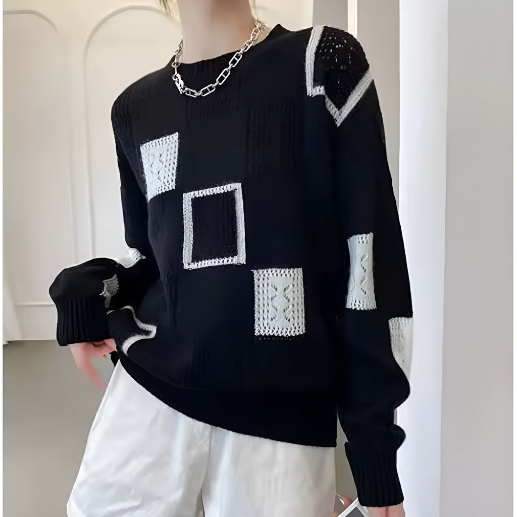 Chunky Knitted Jumper in Cream and Black – Casual Wear, Office Style