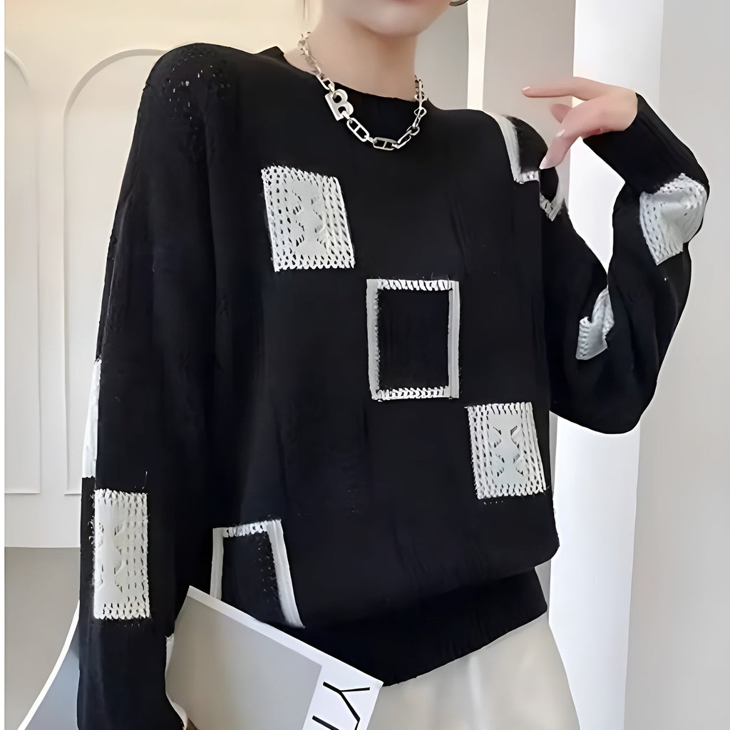 Chunky Knitted Jumper in Cream and Black – Casual Wear, Office Style