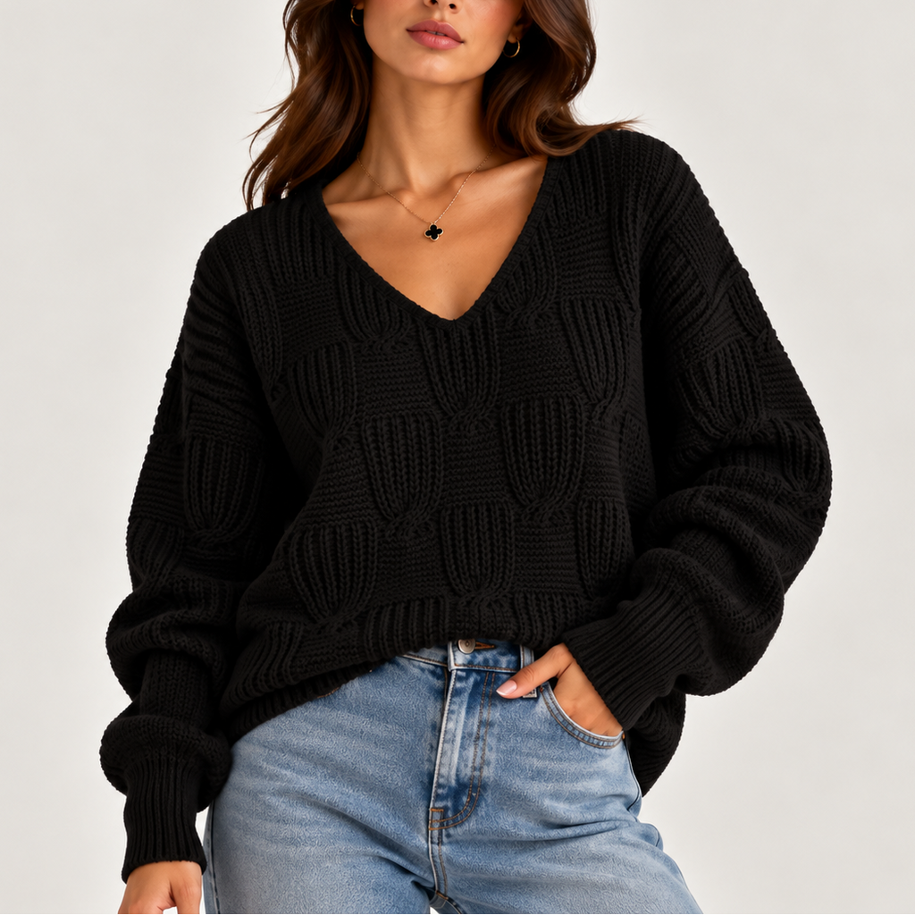 Women’s Oversized Cable Knit V-Neck Jumper – Casual Wear, Layering