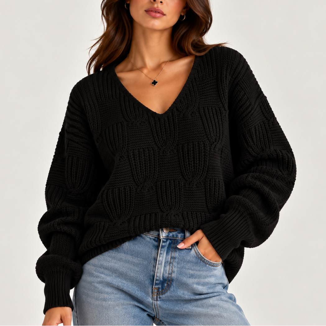 Women’s Oversized Cable Knit V-Neck Jumper – Casual Wear, Layering