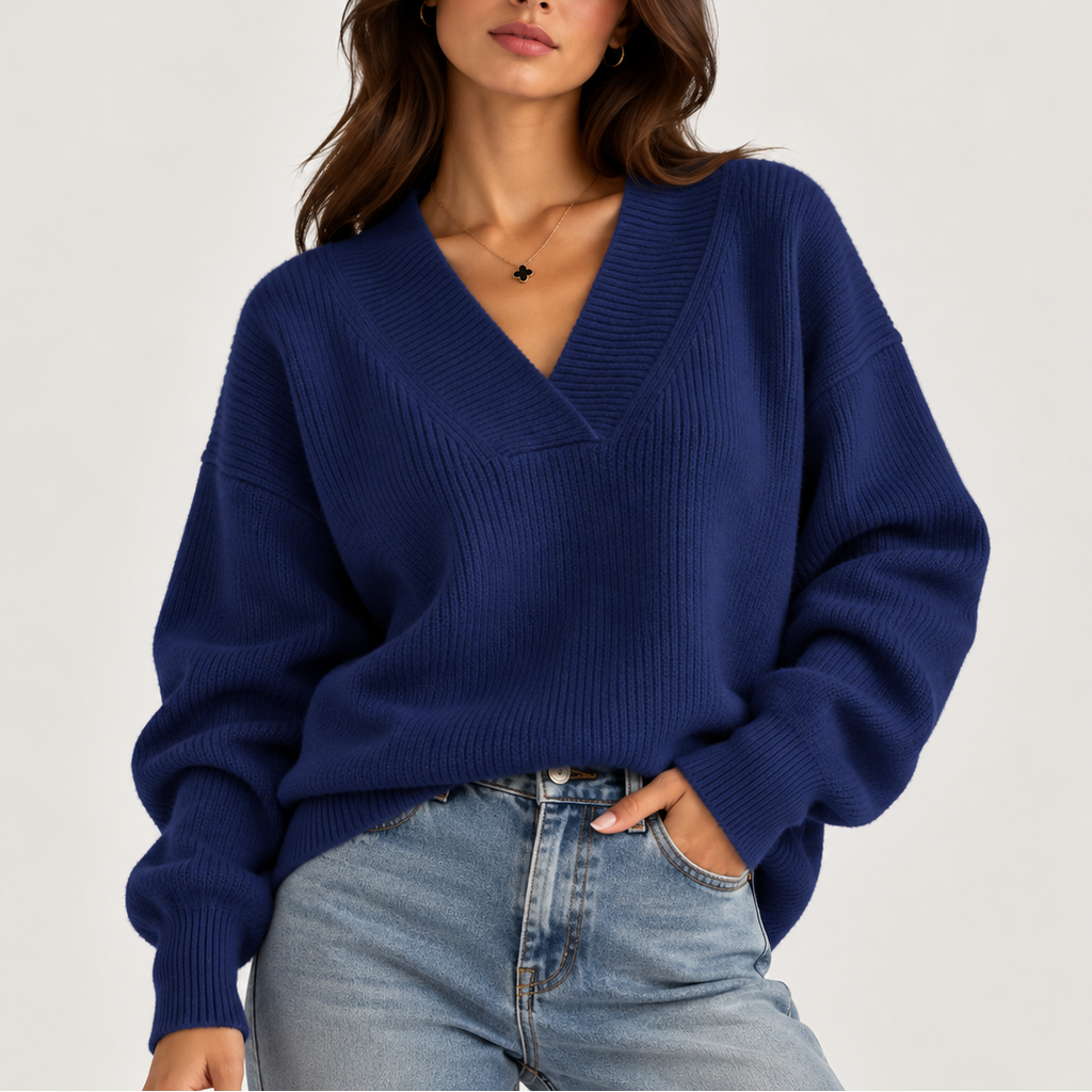 Women’s Oversized V-Neck Knitted Sweater – Soft Knit Jumper