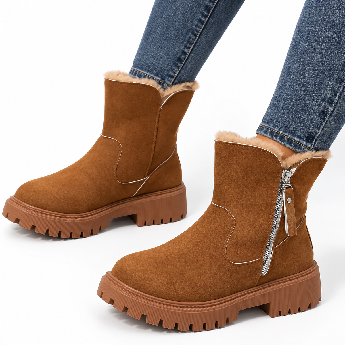 Women's Suede Ankle Boots with Fur Lining & Side Zip – Winter Fashion, Casual Wear