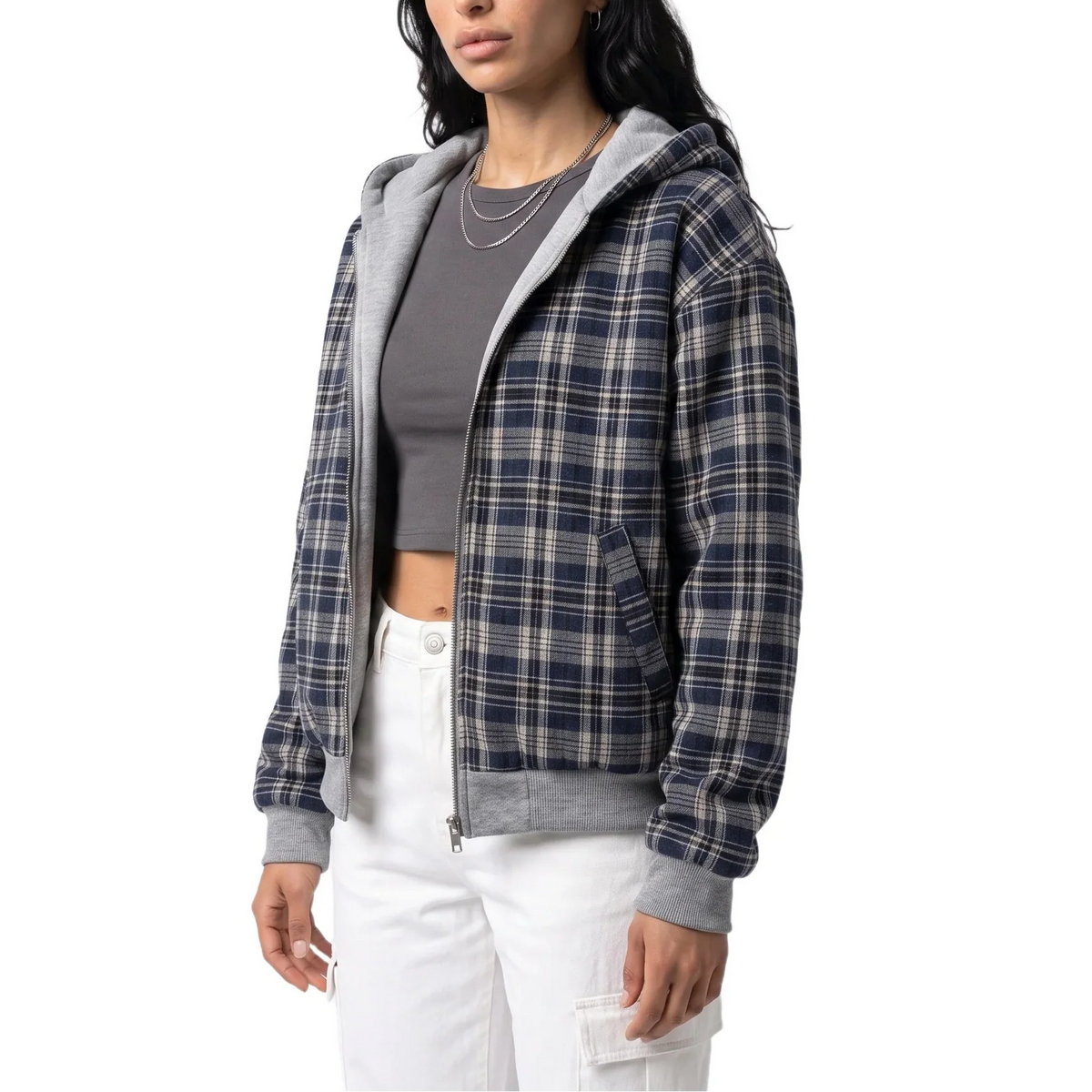 Reversible Cropped Hooded Jacket – Check Pattern, Casual Wear, Layering