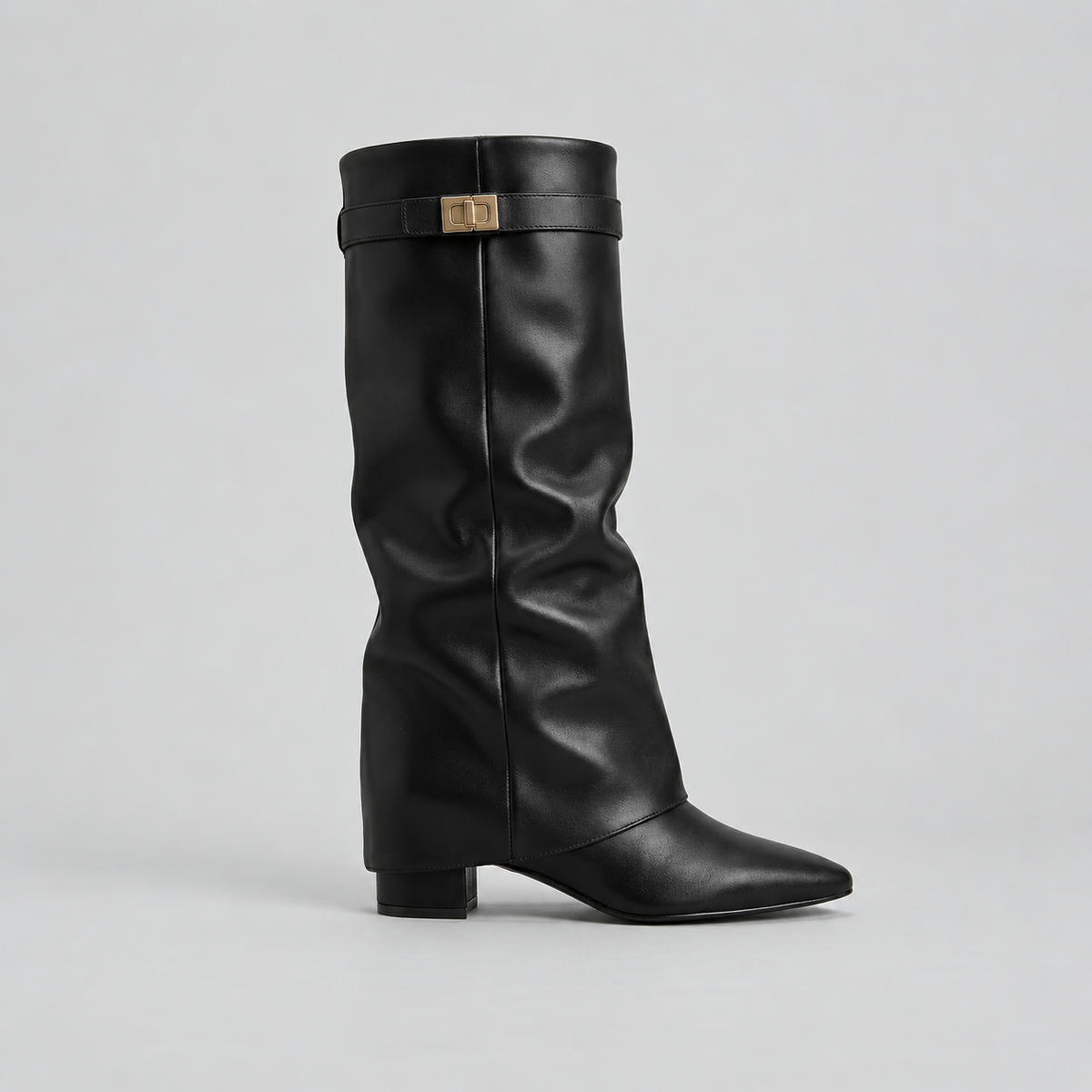 Knee High Boots with Low Block Heel & Gold Buckle – Casual, Office