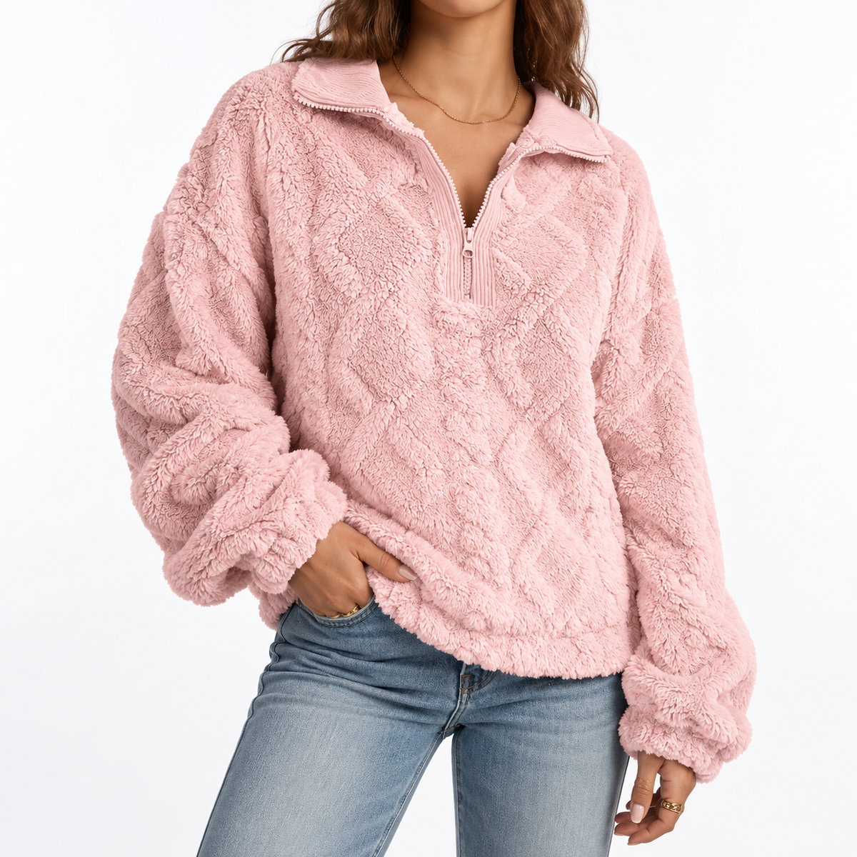 Women's Textured Fleece Jumper – Quarter Zip, Relaxed Fit – Casual, Everyday Wear