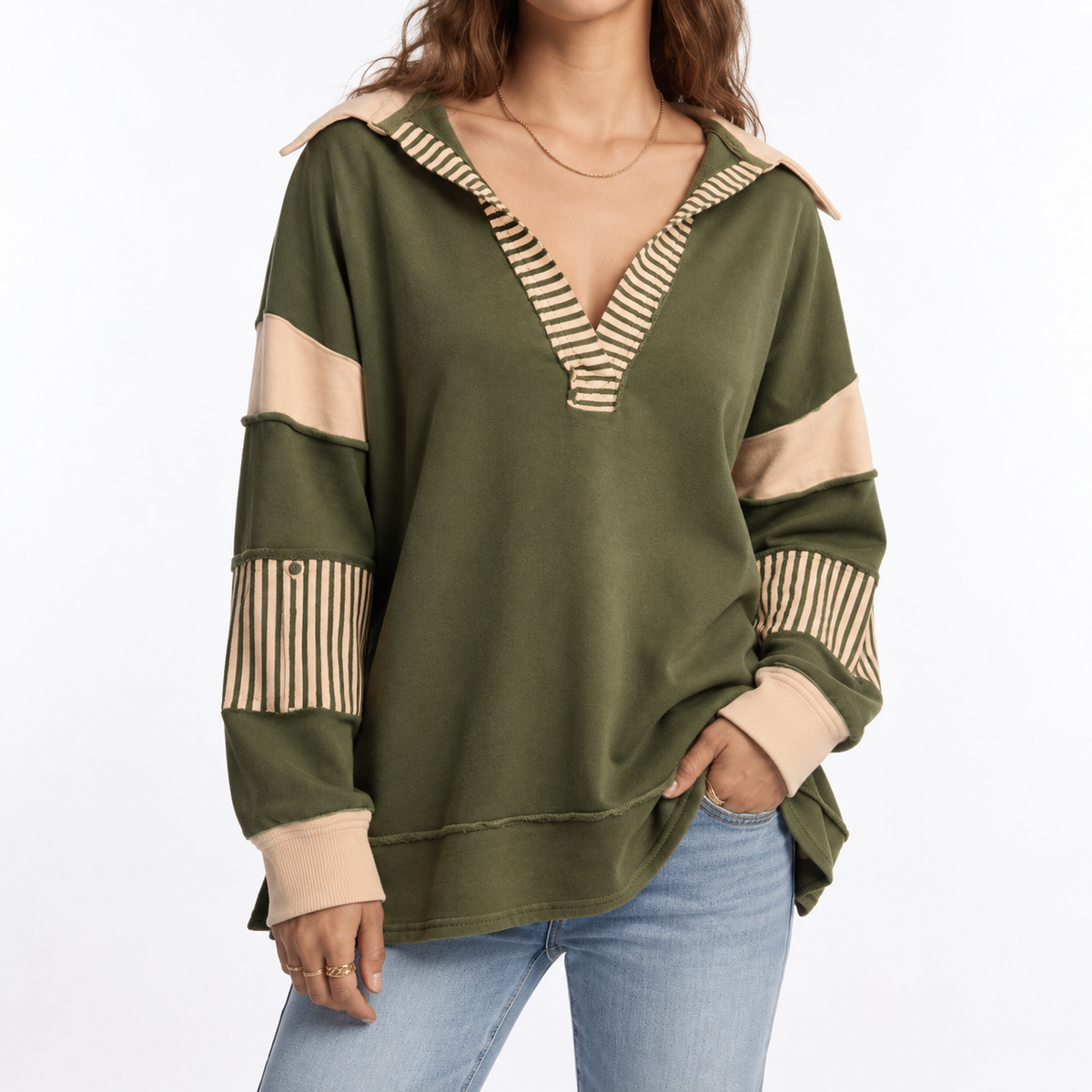 Women's Oversized V-Neck Jumper with Striped Sleeves – Casual Wear, Everyday Comfort