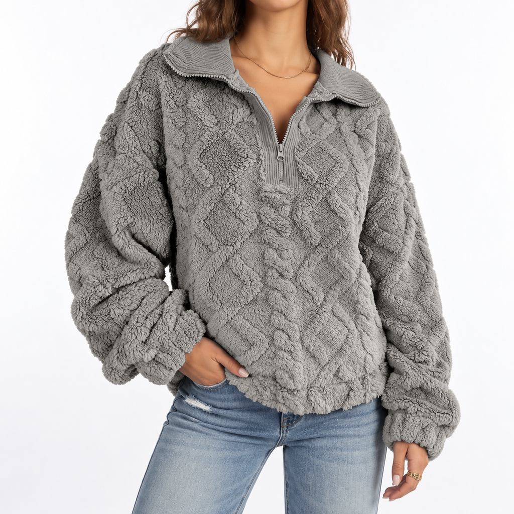 Women's Textured Fleece Jumper – Quarter Zip, Relaxed Fit – Casual, Everyday Wear