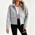 Women's Grey Zip-Up Utility Overshirt – Long Sleeve, Flap Pockets – Casual, Everyday Wear