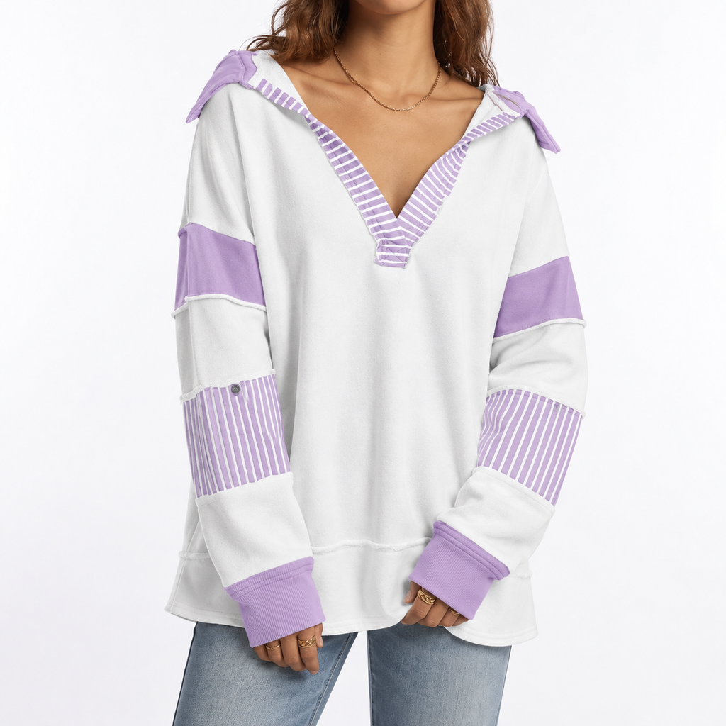 Women's Oversized V-Neck Jumper with Striped Sleeves – Casual Wear, Everyday Comfort