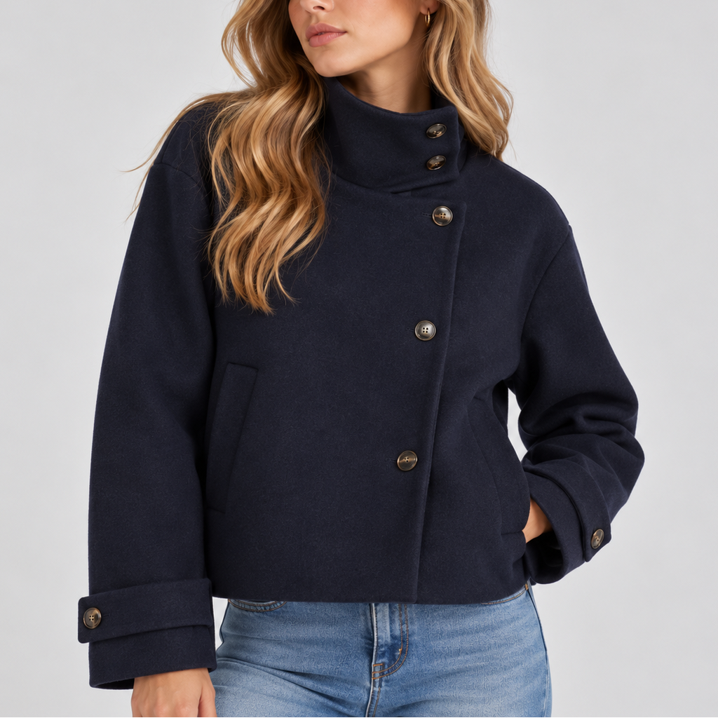 Women's Cropped Jacket – High Neck, Button Front – Casual, Stylish