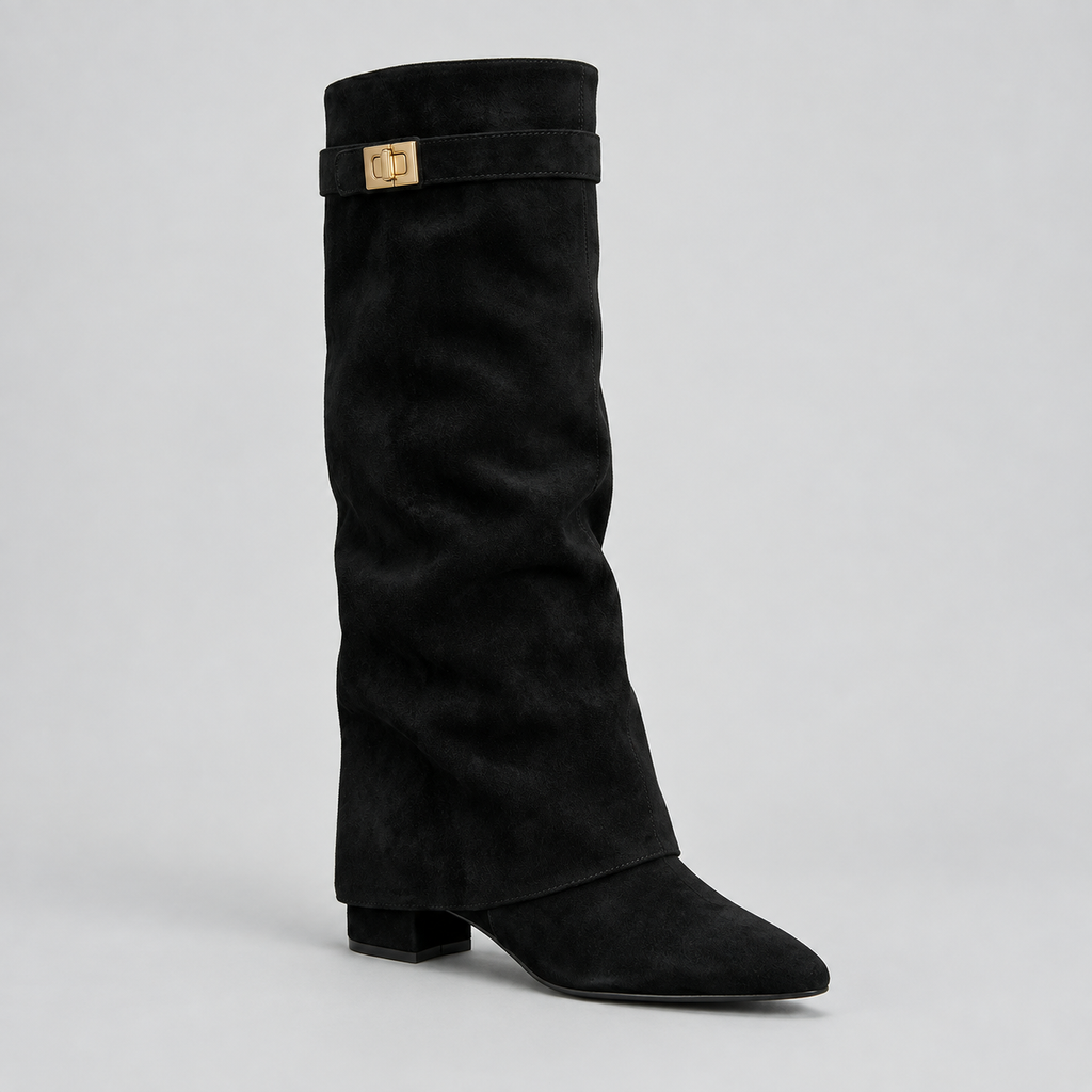 Knee High Boots with Low Block Heel & Gold Buckle – Casual, Office