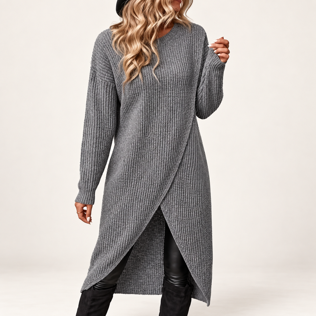 Women's Grey Ribbed Knit Jumper Dress | Long Sleeve Midi – Casual Wear, Layering