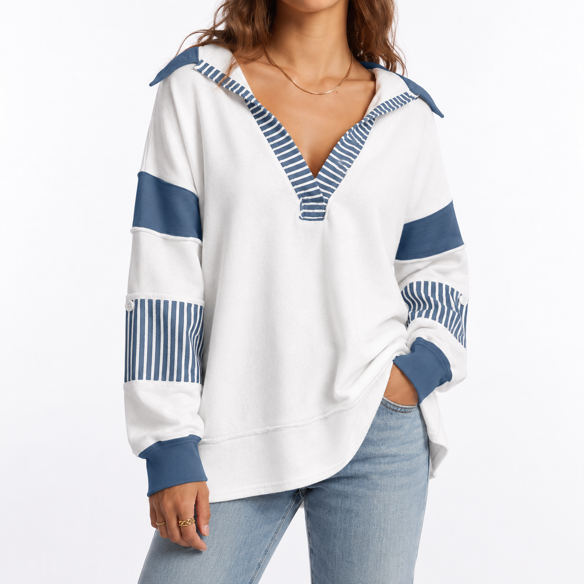 Women's Oversized V-Neck Jumper with Striped Sleeves – Casual Wear, Everyday Comfort