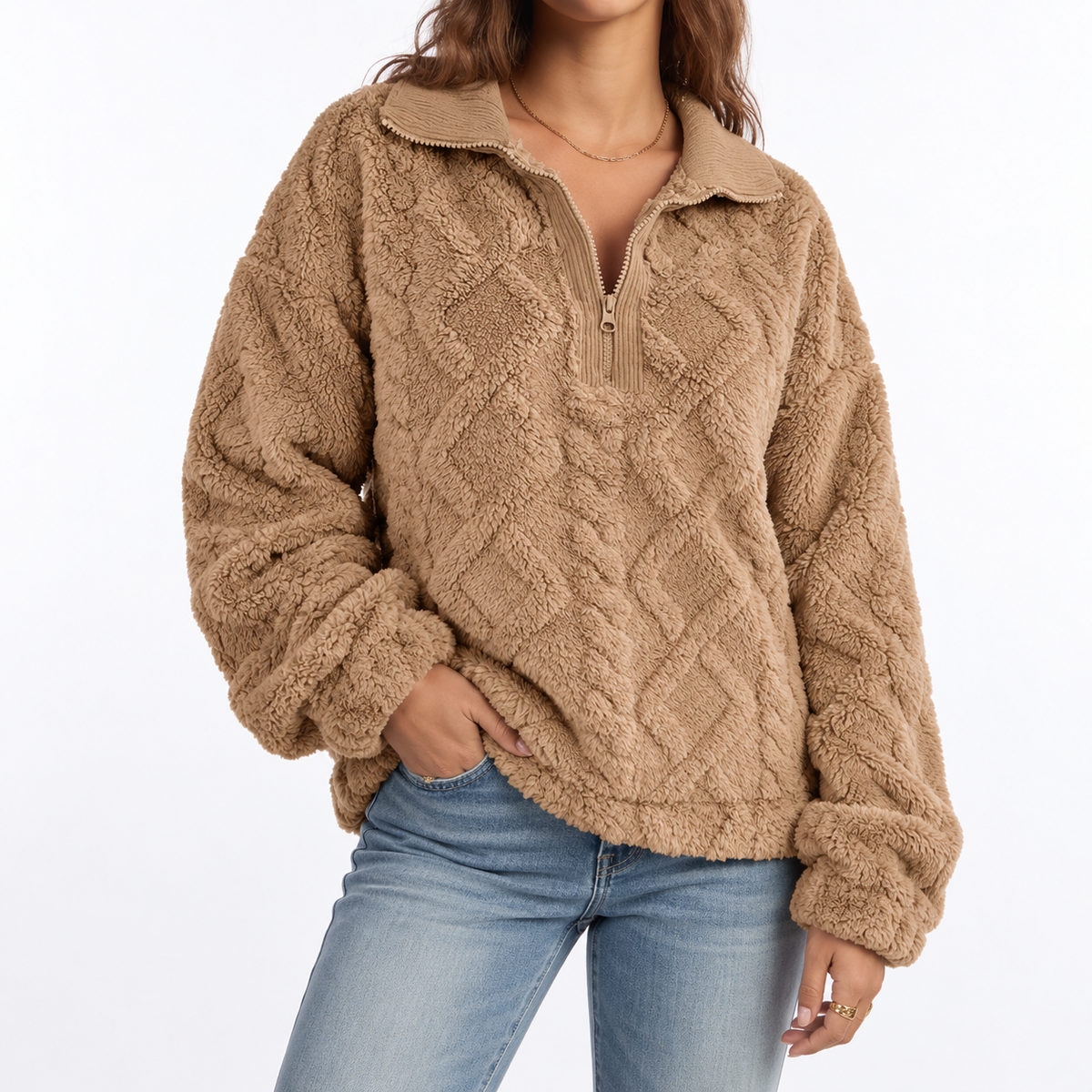 Women's Textured Fleece Jumper – Quarter Zip, Relaxed Fit – Casual, Everyday Wear