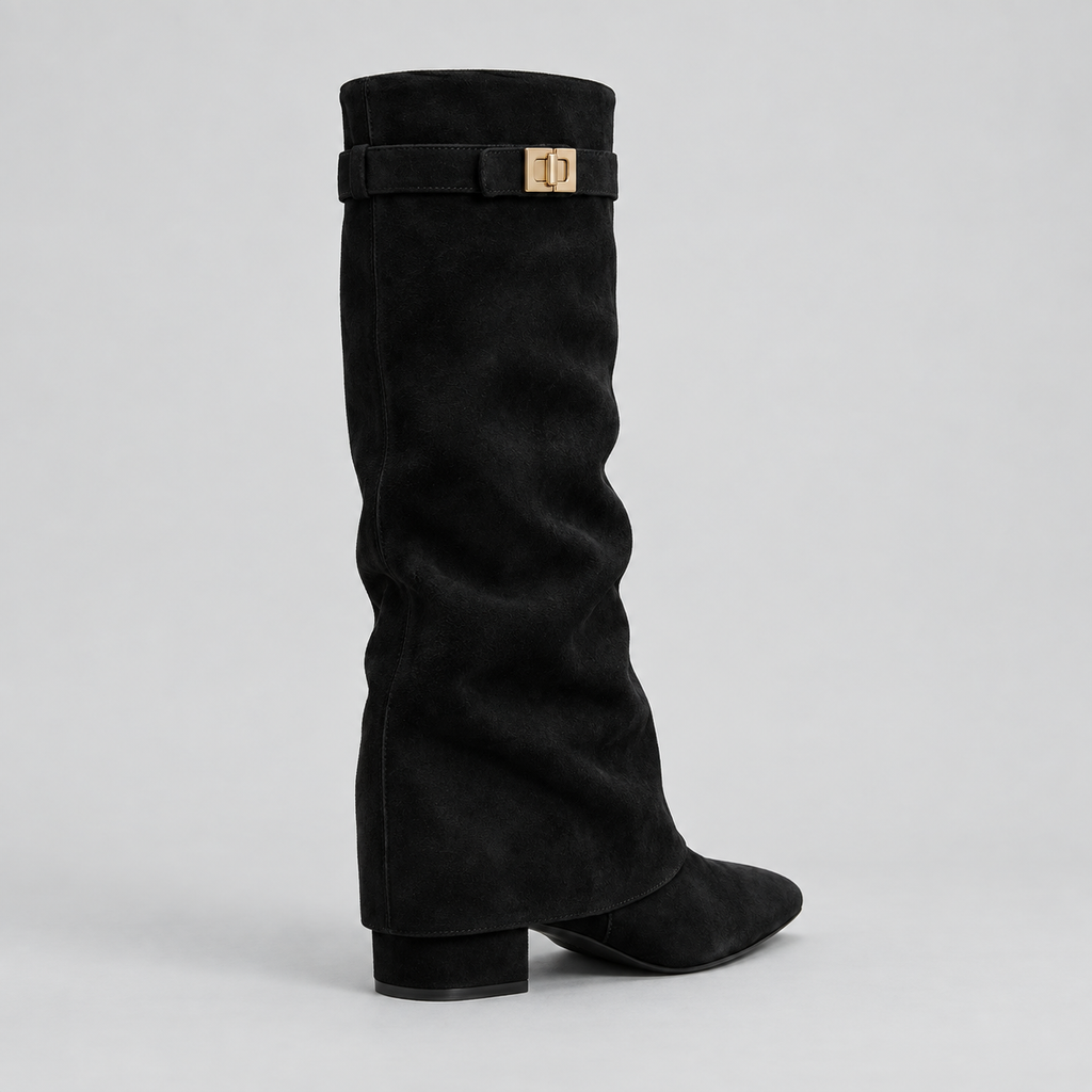 Knee High Boots with Low Block Heel & Gold Buckle – Casual, Office