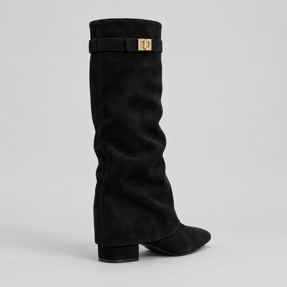 Knee High Boots with Low Block Heel & Gold Buckle – Casual, Office