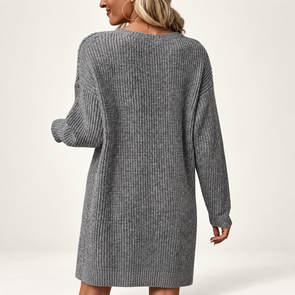 Women's Grey Ribbed Knit Jumper Dress | Long Sleeve Midi – Casual Wear, Layering
